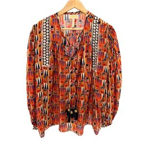 Verb by Pallavi Singhee Orange Geometric Mirror Work Tassel Boho Blouse Small